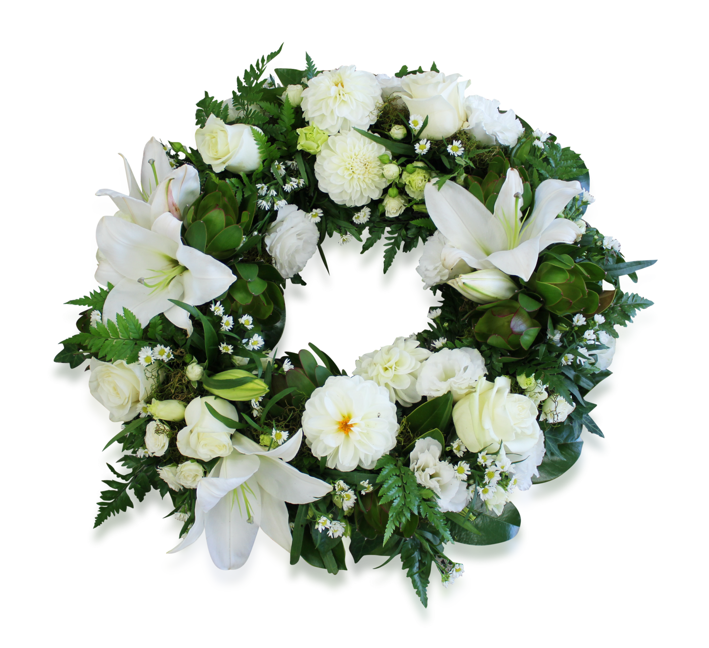 hand holding beautiful white and green wreath